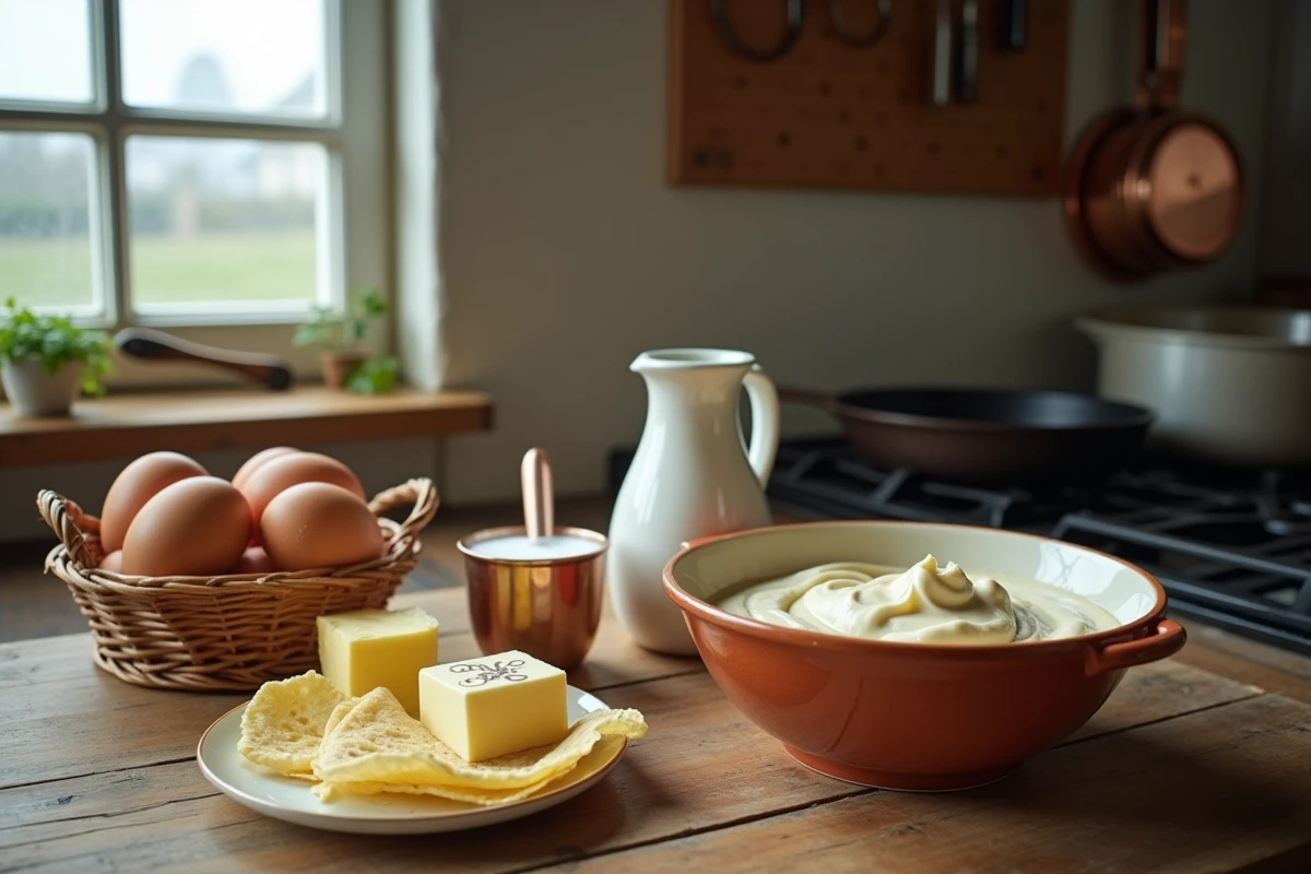 ingrédients authentiques crêpes bretonnes sur table en bois, oeufs lait beurre, préparation vraie recette bretonne