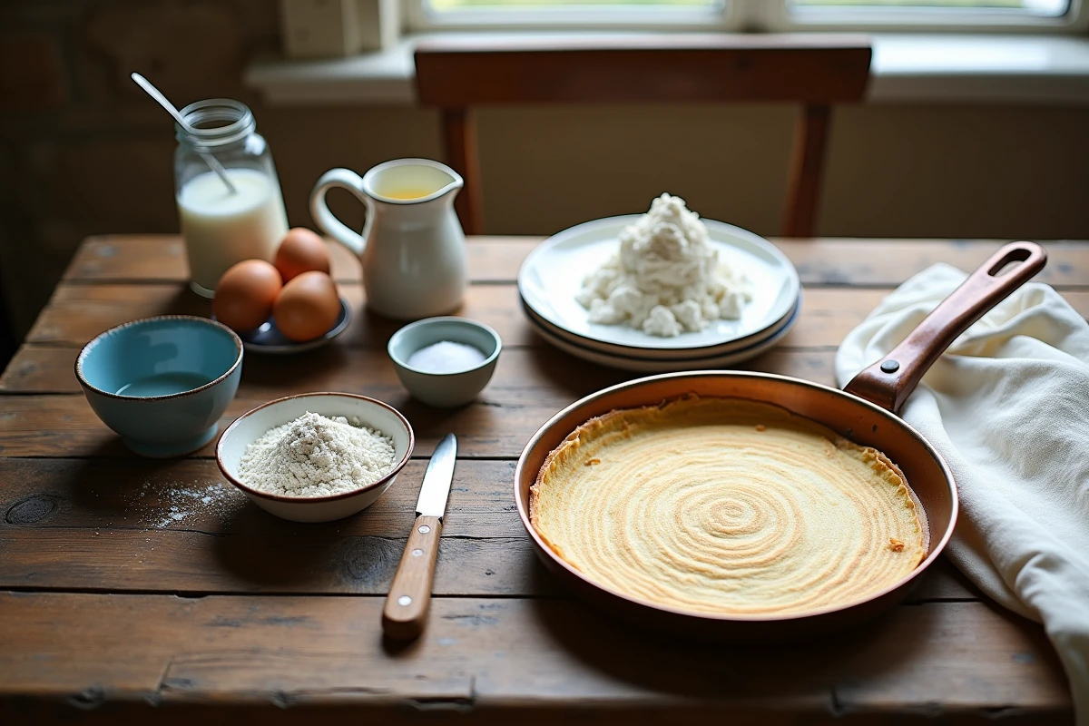 Composition flatlay des ingrédients authentiques pour crêpes bretonnes sur table rustique en bois avec accessoires traditionnels