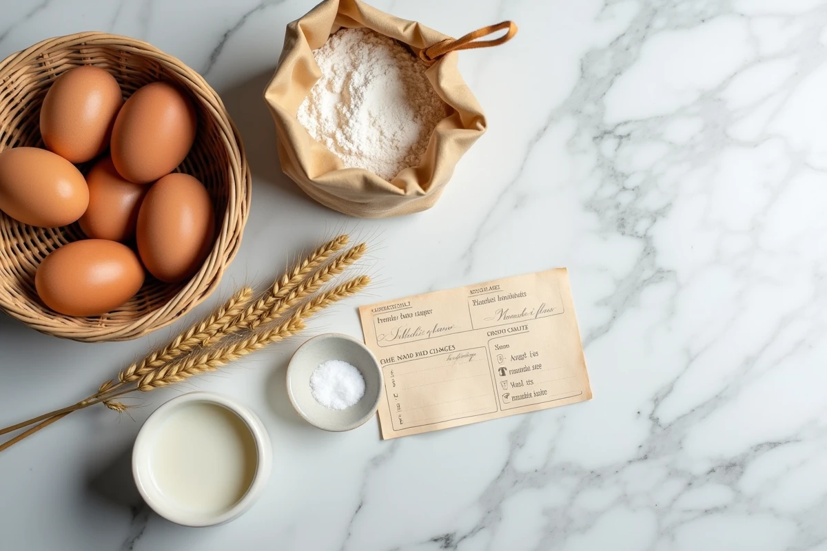 Ingrédients pour crêpes bretonnes arrangés en flat-lay : œufs, lait, farine, sel, recette manuscrite