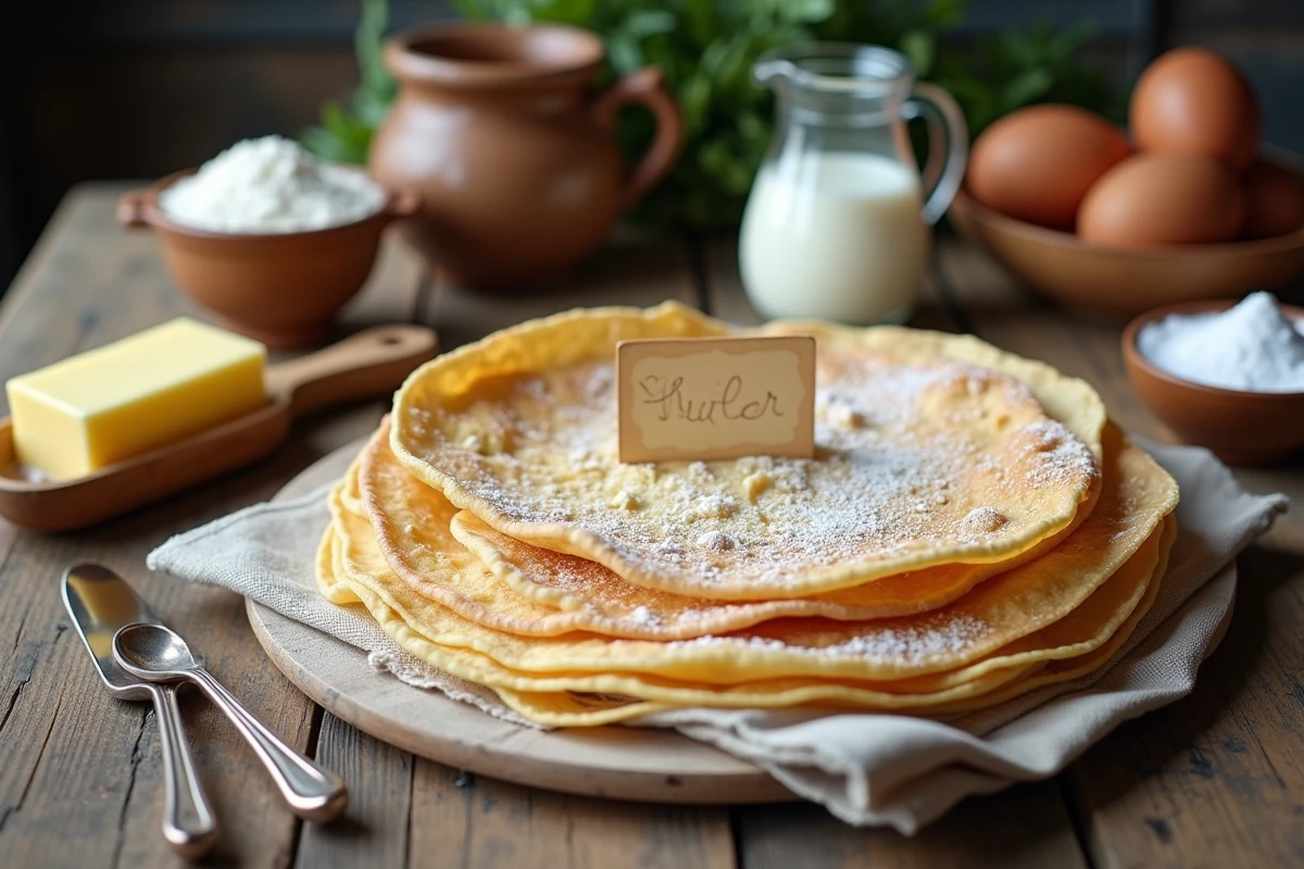 Ingrédients traditionnels pour la recette de crêpes bretonnes disposés sur table en bois rustique