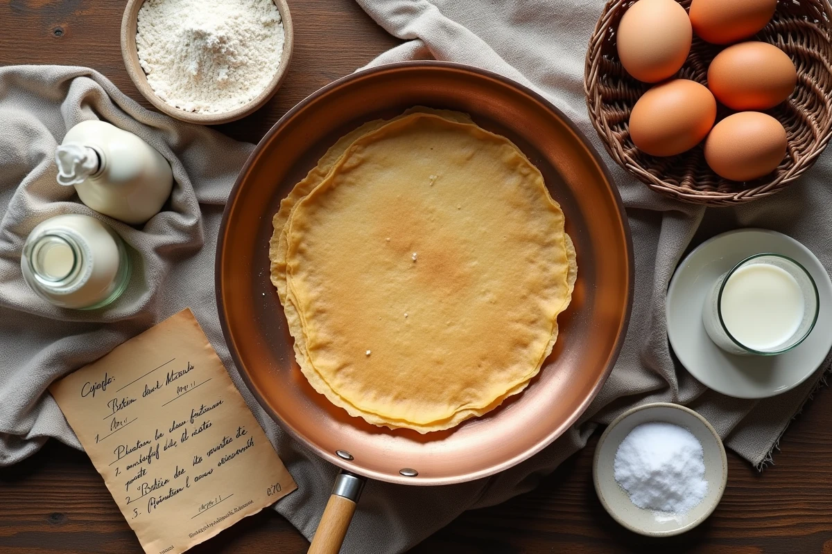Ingrédients authentiques pour recette crêpes bretonnes arrangés sur table bois avec ustensiles traditionnels