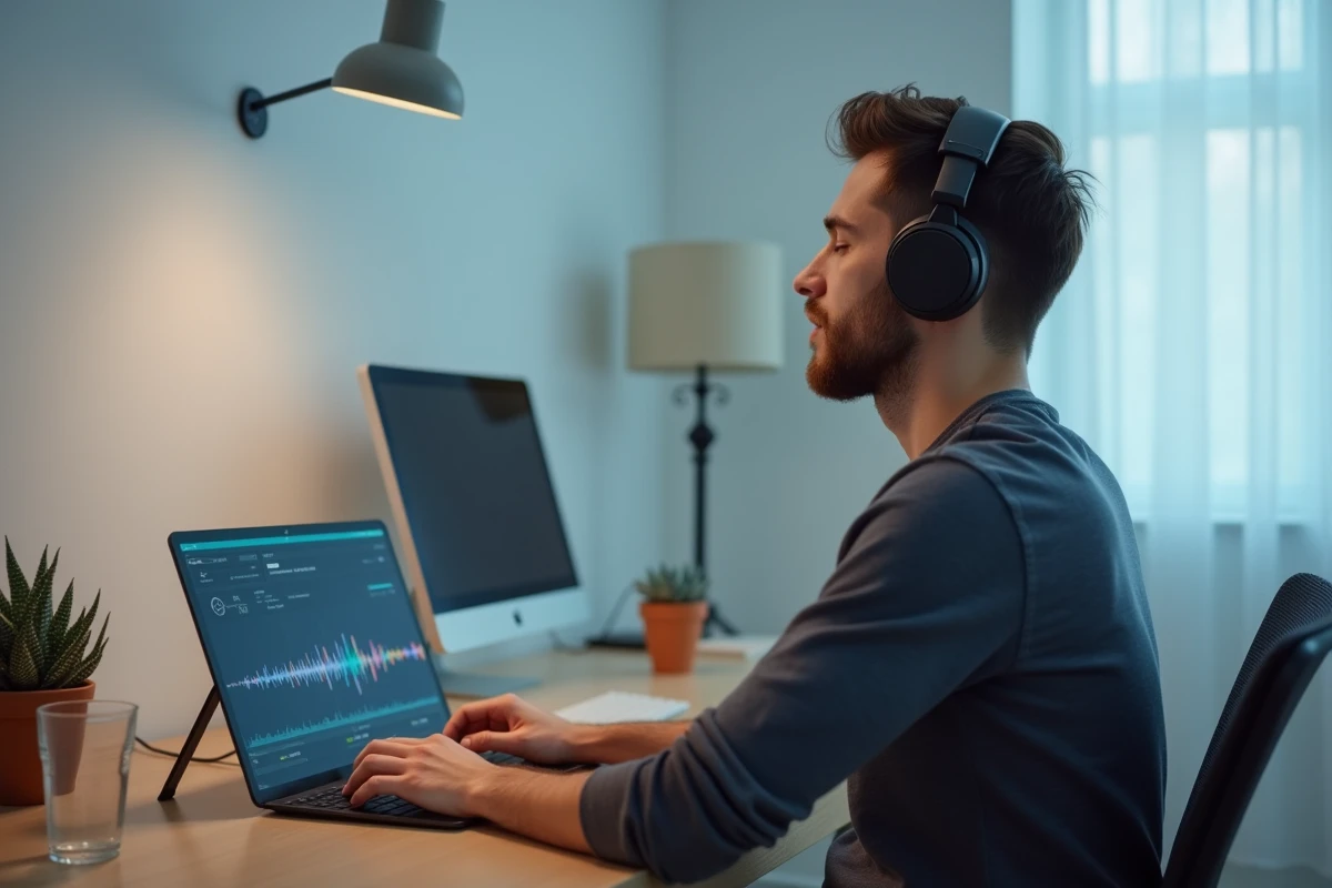 Homme avec un casque audio utilisant une interface de thérapie sonore sur tablette, représentant InnerFlo pour la concentration et le sommeil