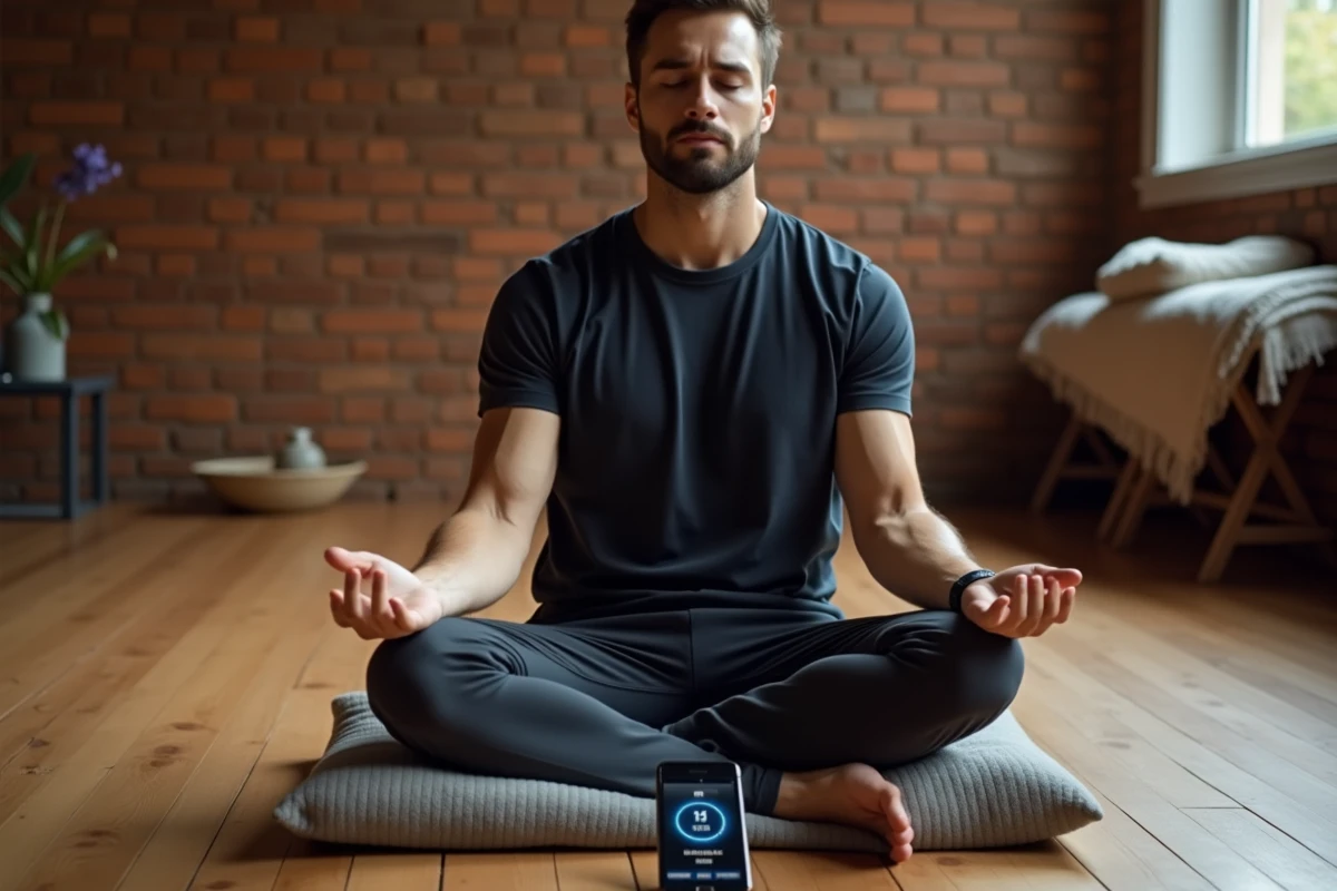 Homme méditant avec l'application Insight Timer affichée sur son smartphone posé devant lui