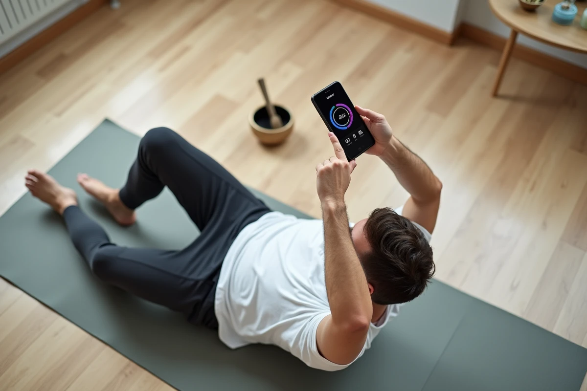 Homme allongé sur un tapis de yoga tenant un smartphone affichant l'interface d'Insight Timer, application de méditation gratuite