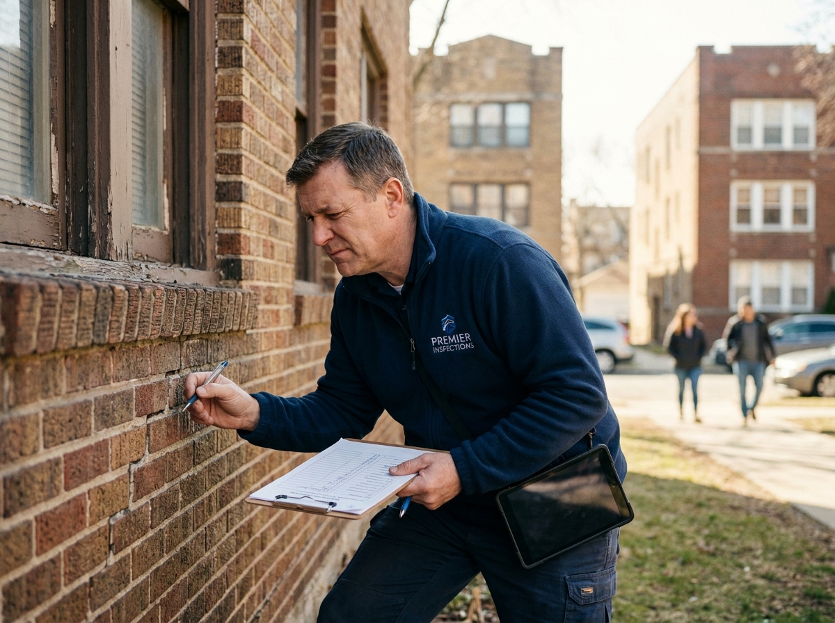 inspecteur immobilier vérifiant l'état d'un immeuble residential lors d'une visite d'inspection technique
