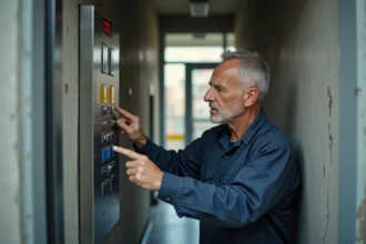 Technicien ascenseur inspectant le panneau de commande d'un ascenseur dans le couloir d'un petit immeuble résidentiel