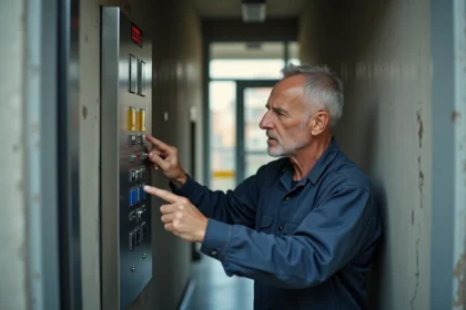 Technicien ascenseur inspectant le panneau de commande d'un ascenseur dans le couloir d'un petit immeuble résidentiel