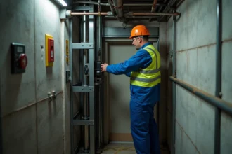 Technicien en uniforme bleu inspectant les mécanismes d'un ascenseur dans la cage d'escalier d'un petit immeuble résidentiel