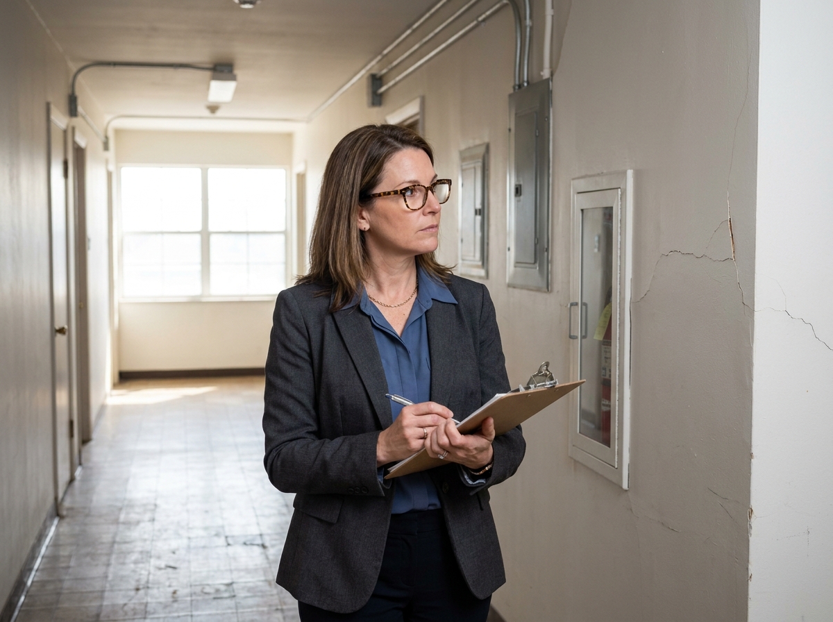 Responsable inspection immobilière vérifiant les installations et l'état d'un immeuble d'habitation avec documentation