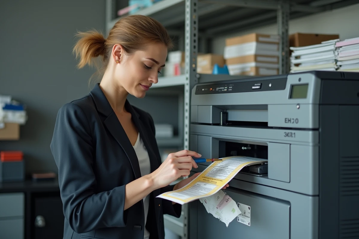 Technicienne IT inspectant un bourrage papier dans une imprimante d'étiquettes professionnelle