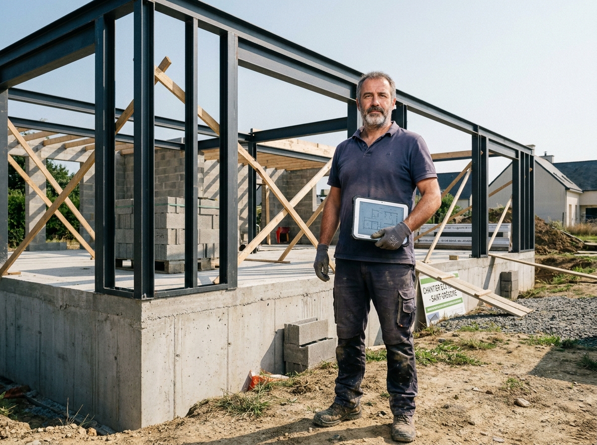 Constructeur ou architecte inspectant un chantier de maison moderne en construction à Saint-Grégoire avec solutions budgétaires économiques