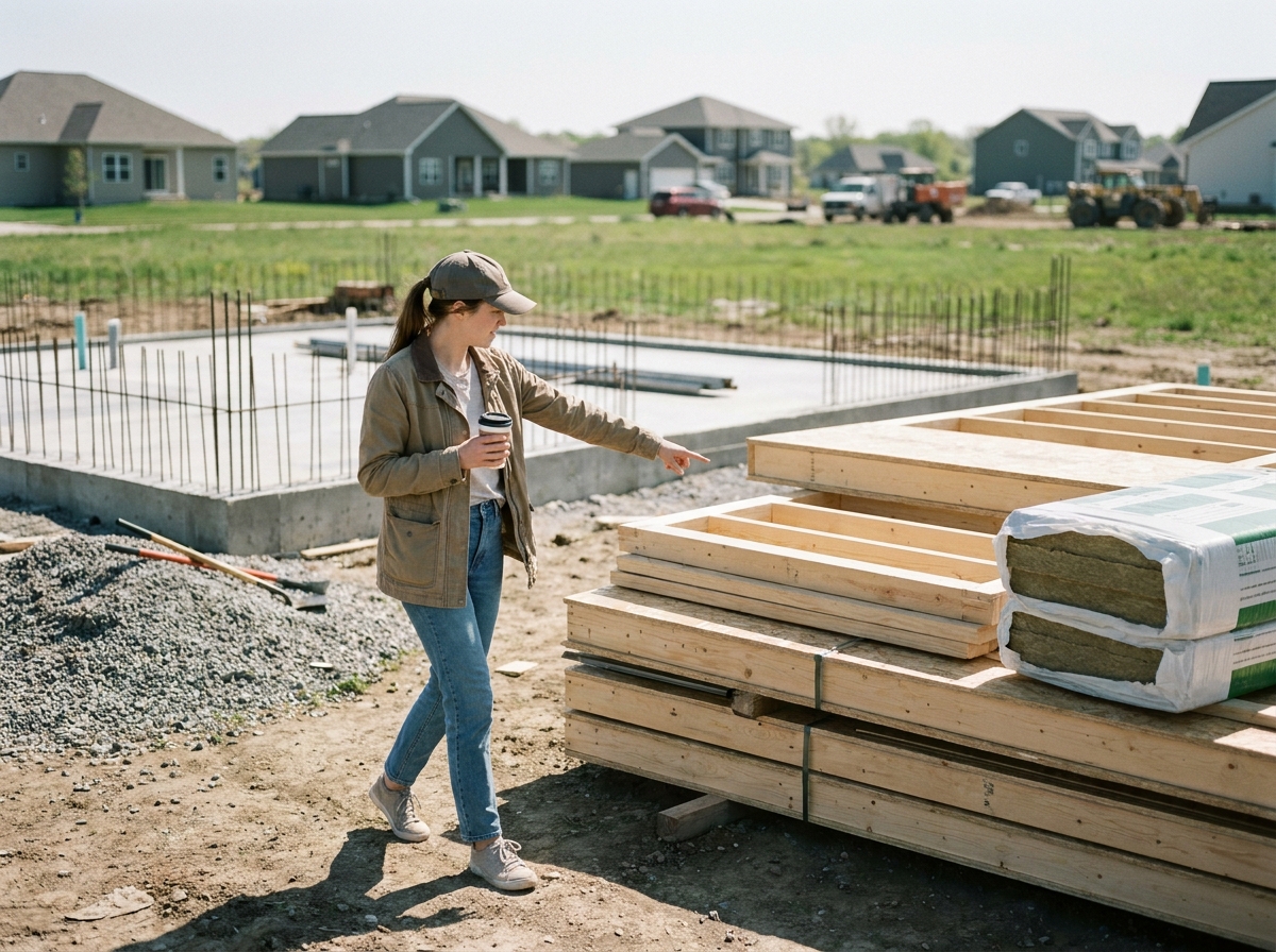 Propriétaire inspectant un chantier de construction d'une maison moderne à budget maîtrisé en Bretagne