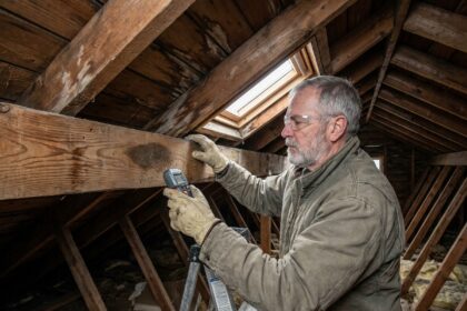 Inspection professionnelle de charpente en bois à Nantes - expert examinant les dégâts précoces et l'humidité dans les poutres