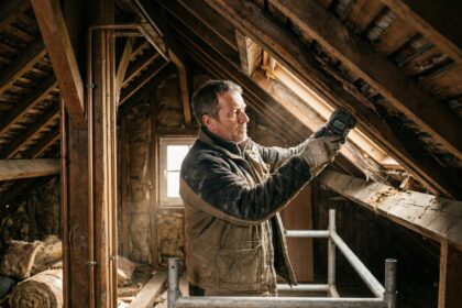 Inspecteur charpente à Nantes examinant les poutres en bois de grenier avec humidimètre pour détecter les dégâts précoces