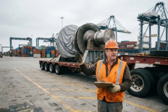 Responsable logistique inspectant un convoi hors gabarit sur un camion avec équipement de sécurité en port industriel