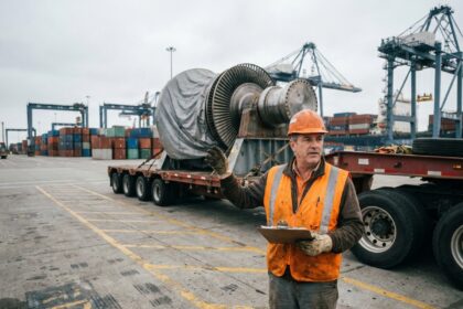 Responsable logistique inspectant un convoi hors gabarit sur un camion avec équipement de sécurité en port industriel
