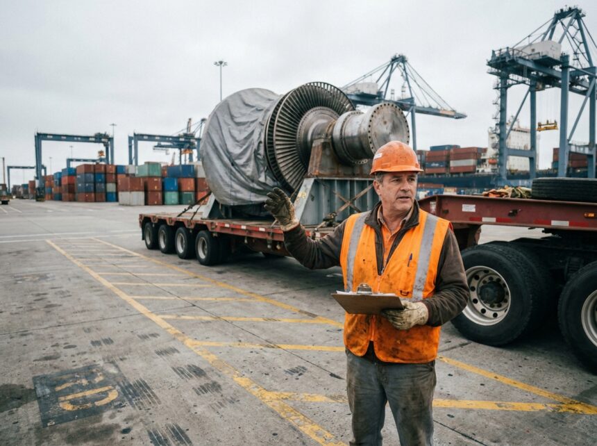 Responsable logistique inspectant un convoi hors gabarit sur un camion avec équipement de sécurité en port industriel