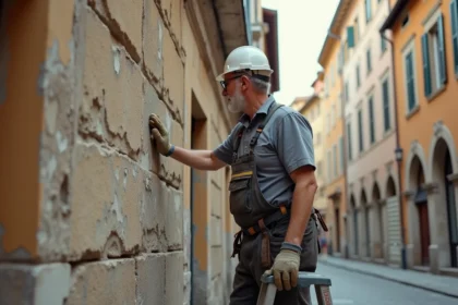 Artisan maçon inspectant une façade ancienne décrépite avec fissures et humidité visible, sur échelle face à mur de pierre usé
