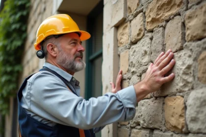 Entrepreneur inspectant une vieille facade en pierre avec peinture ecaillee et fissures visibles avant travaux de renovation