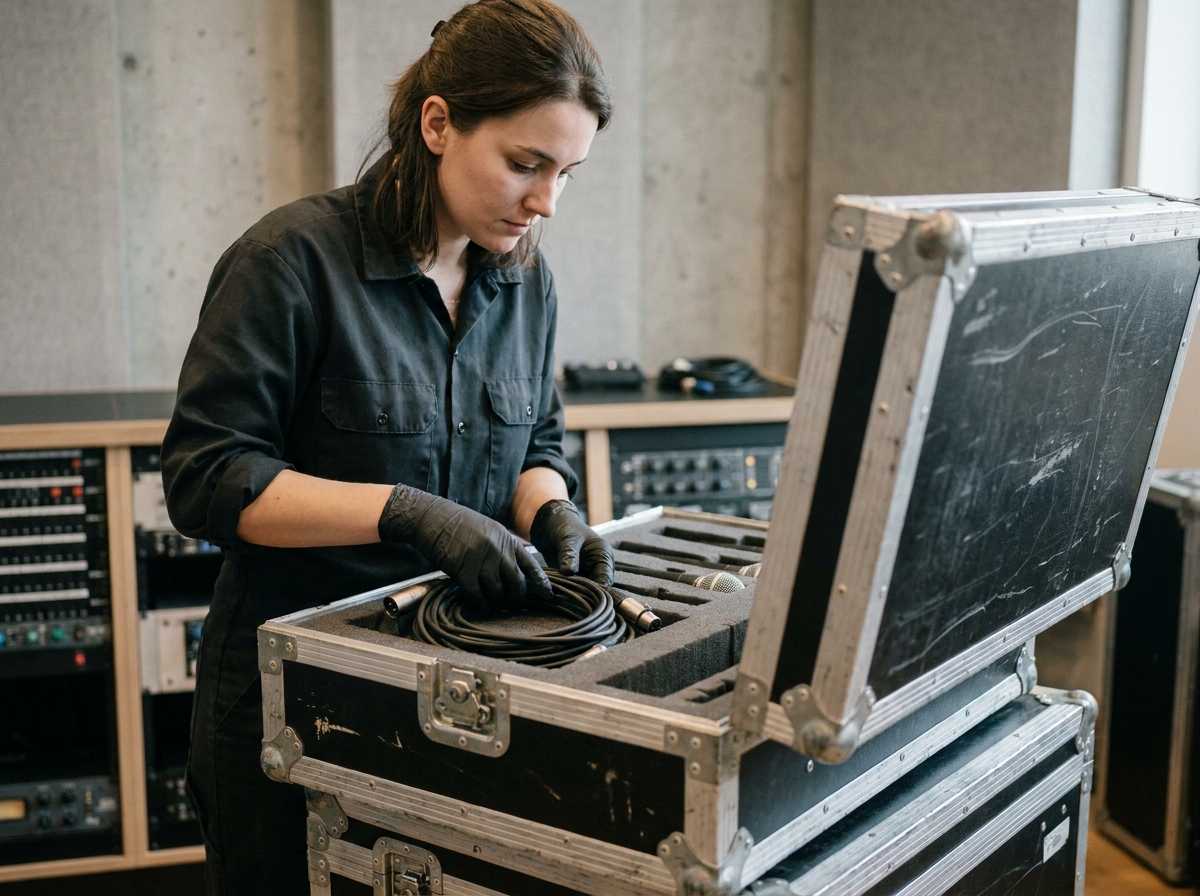 technicienne vérifiant l'intérieur d'un flight case d'occasion avec équipement audio professionnel