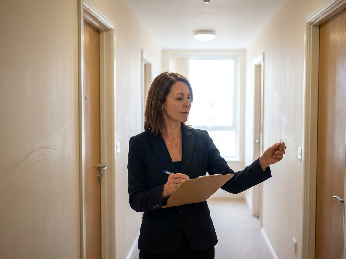 Consultante immobilière inspectant l'état d'entretien d'un immeuble d'habitation dans un couloir résidentiel