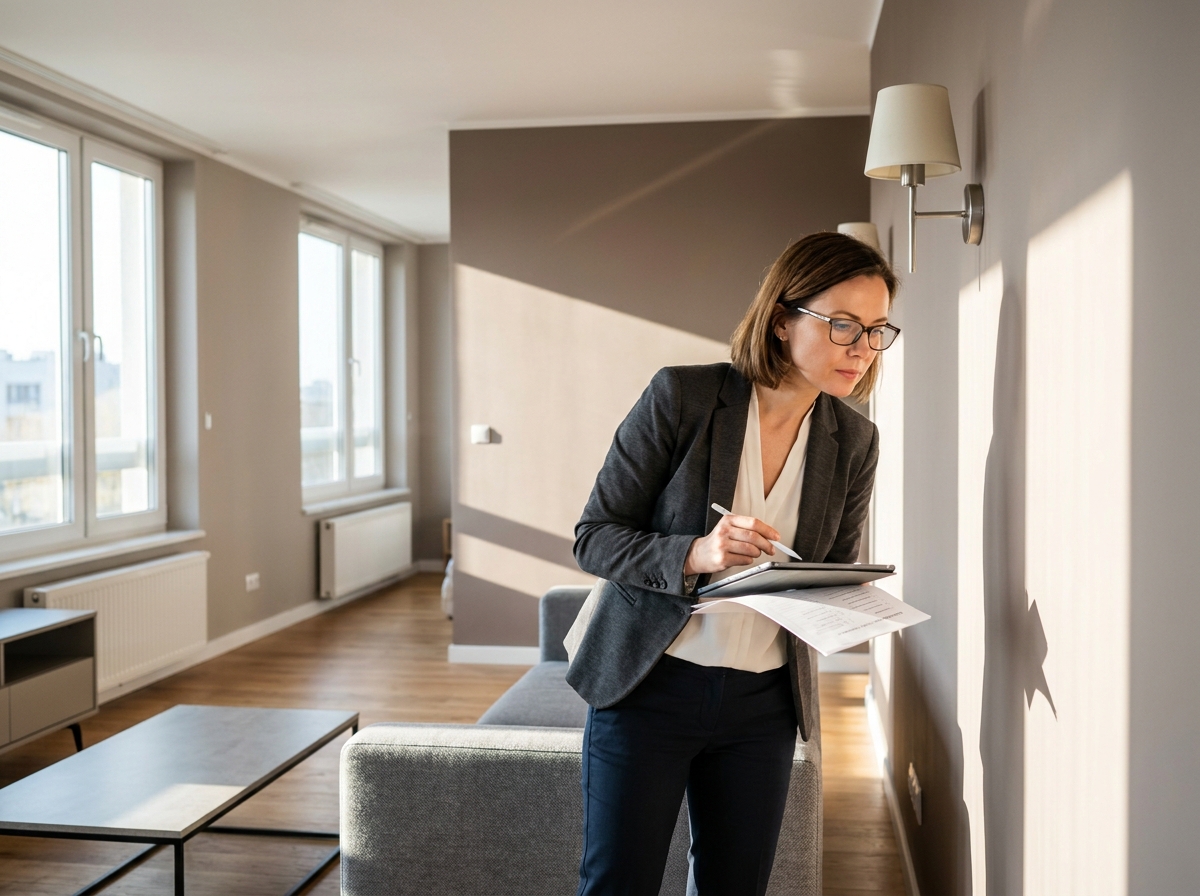 Inspectrice immobilière contrôlant l'état d'un appartement avec tablette, illustrant les vérifications essentielles en gestion de parc immobilier