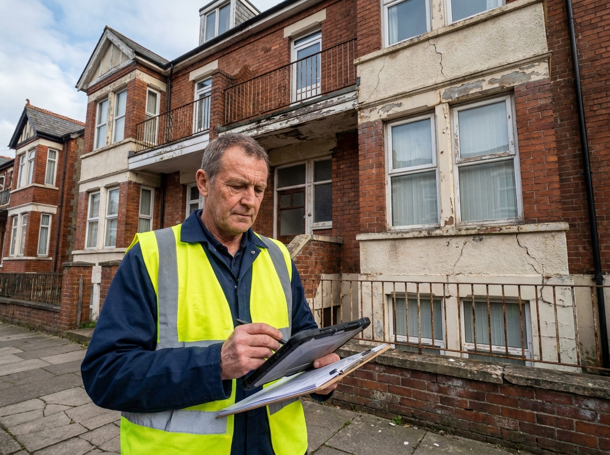 Expert en gestion immobilière inspectant la façade d'un immeuble collectif pour évaluer les travaux de maintenance