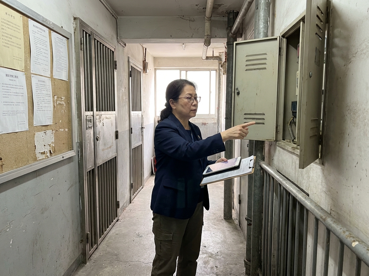 spécialiste immobilière inspectant un immeuble résidentiel avec tablette et checklist de maintenance