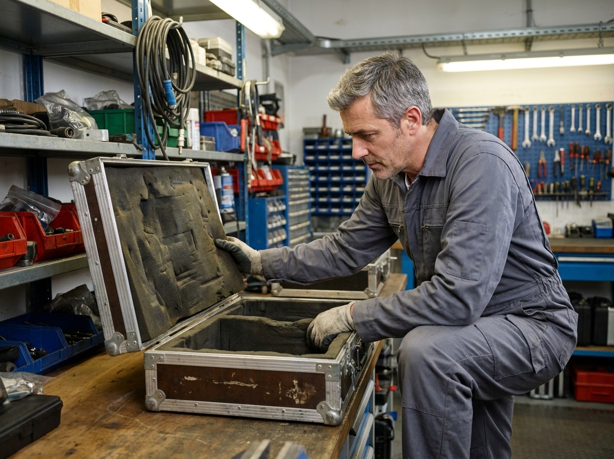 Responsable matériel inspectant l'intérieur en mousse d'un flight case d'occasion dans un atelier