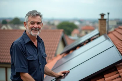 Homme d'âge moyen inspectant des panneaux solaires photovoltaïques sur le toit d'une maison résidentielle en banlieue