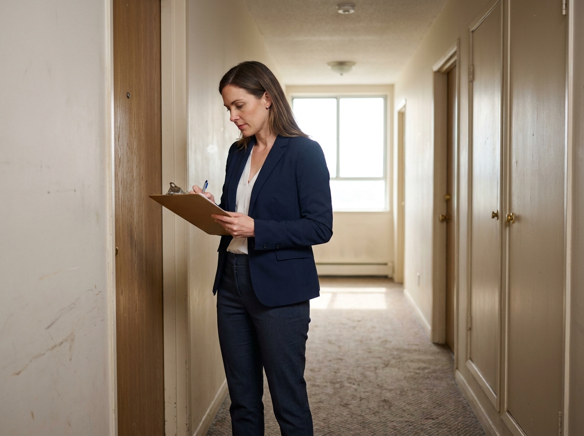 Inspectrice immobilière vérifiant l'état d'un immeuble d'habitation avec clipboard et notes détaillées