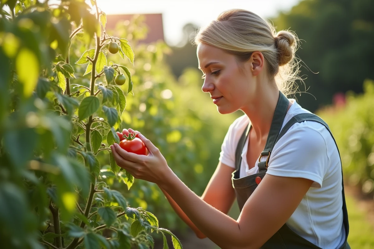 Jardinière inspectant les plants de tomate pour détecter les maladies et la croissance