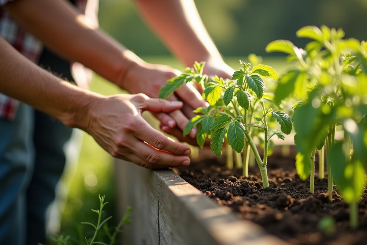 Mains de jardinier inspectant plants tomates en pleine terre