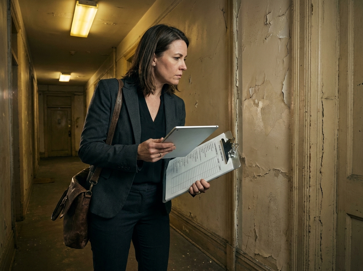 Femme gestionnaire immobilier effectuant une inspection d'entretien dans un immeuble ancien avec tablette et checklist