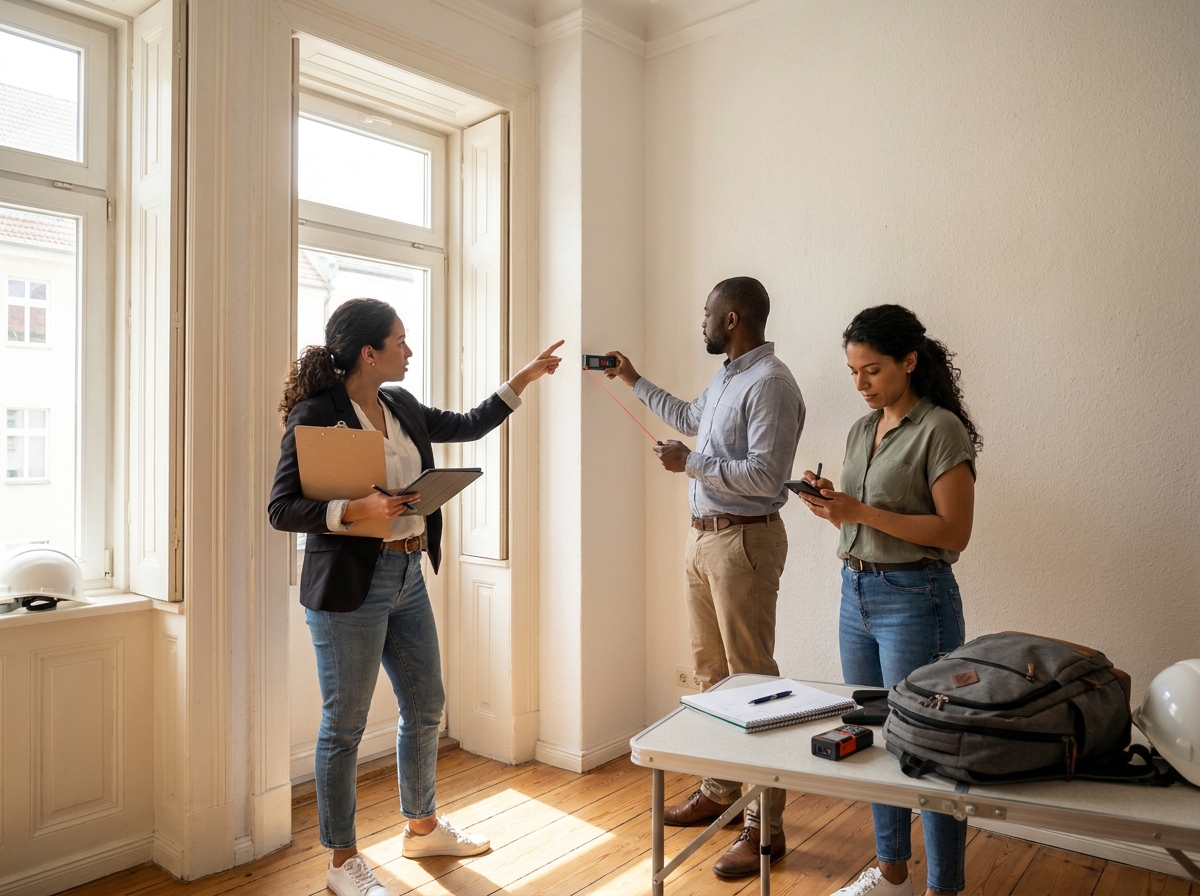 Équipe de professionnels effectuant une inspection minutieuse à l'intérieur d'un immeuble résidentiel avec documents et équipement