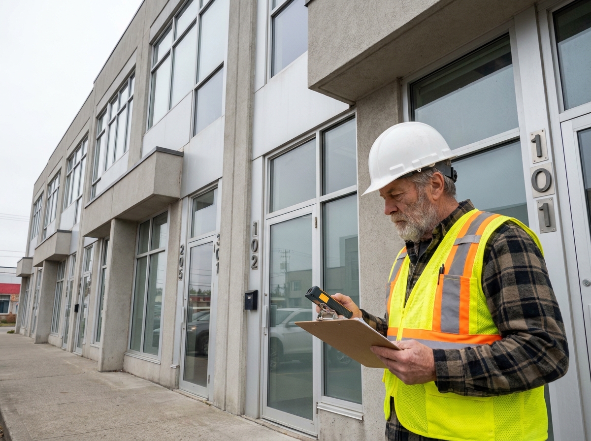 Inspecteur expert contrôlant l'état structural et la maintenance d'un immeuble commercial