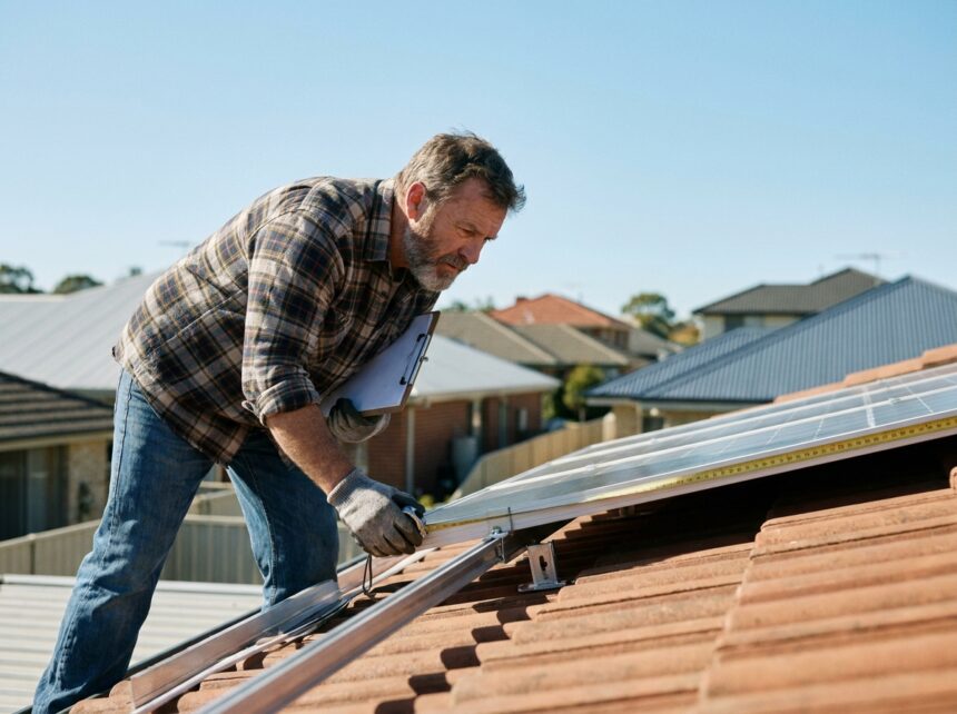 Propriétaire inspectant les points d'installation de panneaux solaires sur le toit de sa maison avant installation