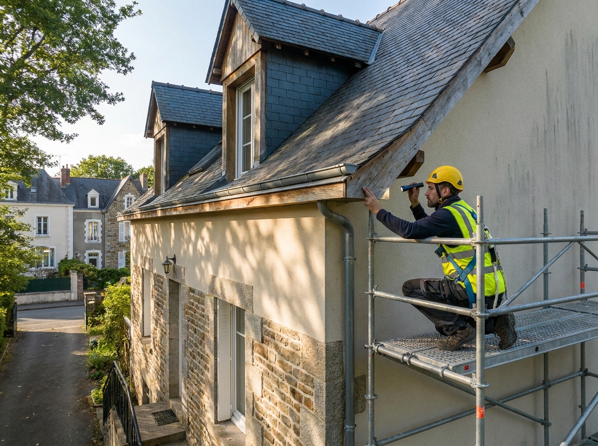 Technicien inspectant la charpente et la toiture d'une maison résidentielle à Nantes, maintenance préventive avant l'apparition des dégâts d'humidité