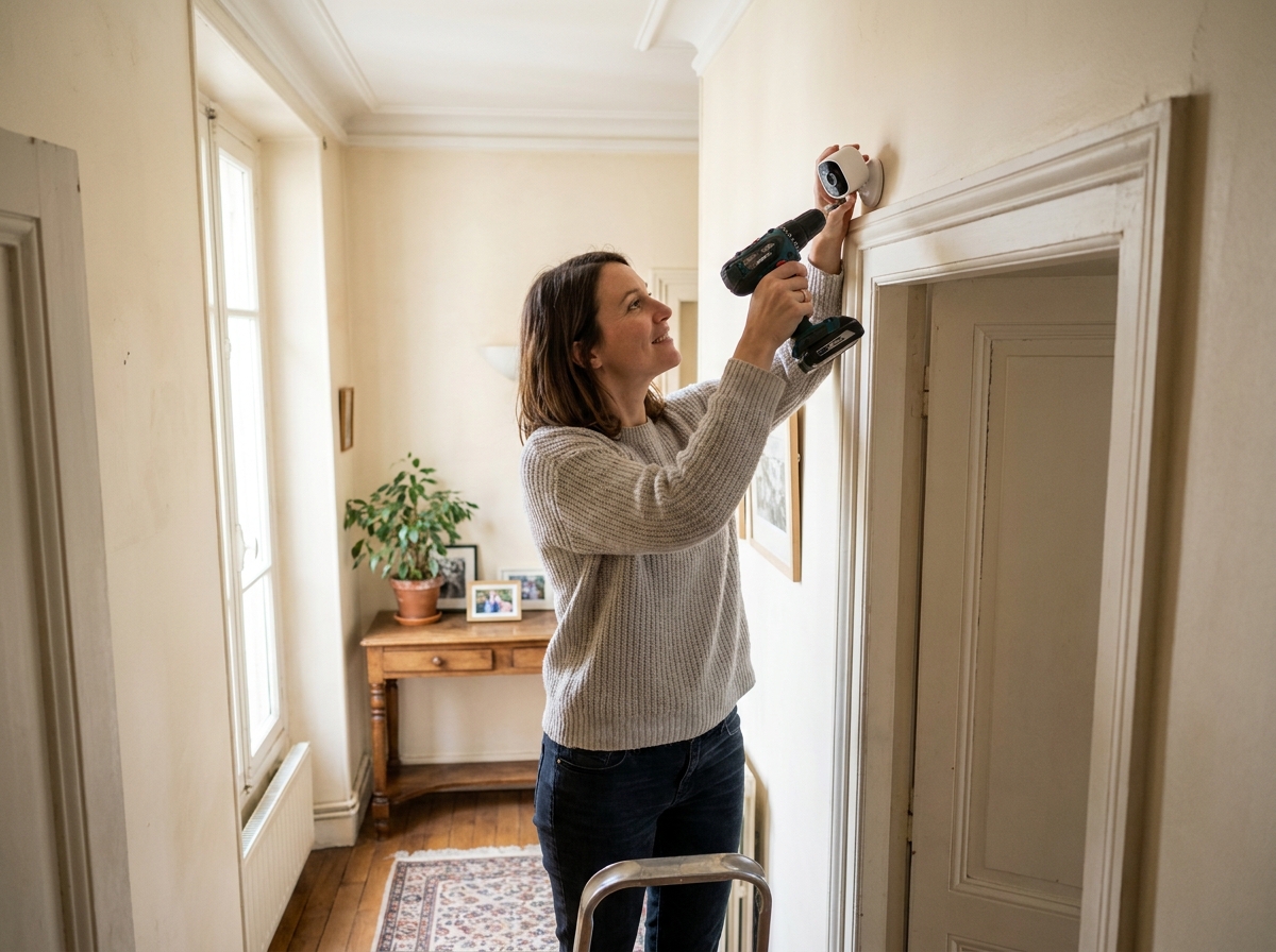 Femme installant une caméra de surveillance compacte au-dessus d'une porte dans un couloir d'appartement à Angers