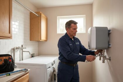 Technicien en uniforme de travail installant un chauffe-eau thermodynamique moderne dans une buanderie contemporaine avec finitions en carrelage blanc et tuyauterie en acier inoxydable visible