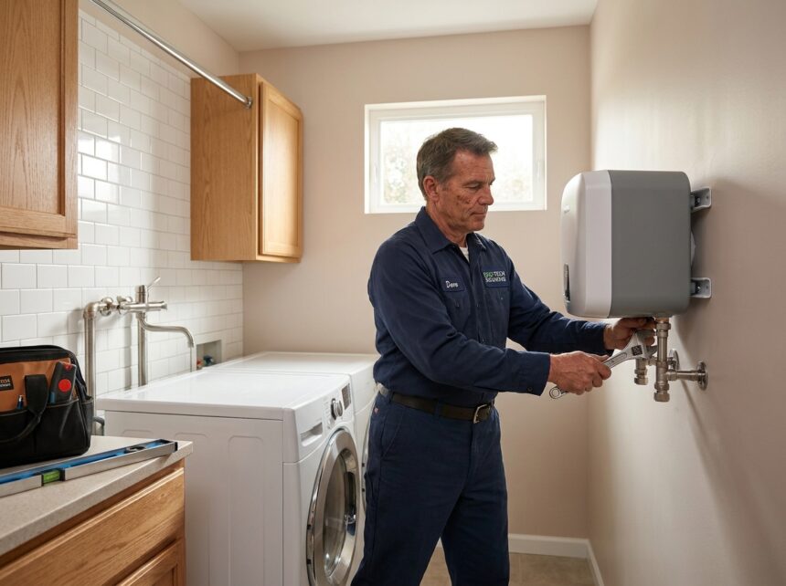 Technicien en uniforme de travail installant un chauffe-eau thermodynamique moderne dans une buanderie contemporaine avec finitions en carrelage blanc et tuyauterie en acier inoxydable visible