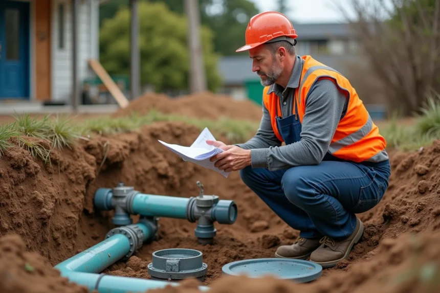 Installateur professionnel de fosse septique inspectant les connexions et accessoires lors d'une installation neuve dans un chantier résidentiel