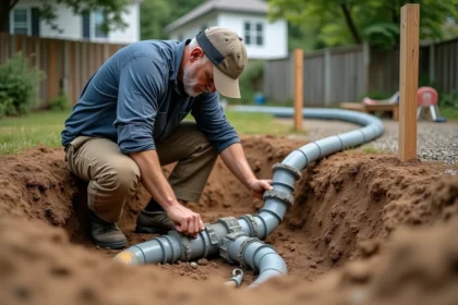 Installateur de fosse septique positionne les tuyaux et raccords PVC dans une fosse fraîchement creusée dans un jardin résidentiel