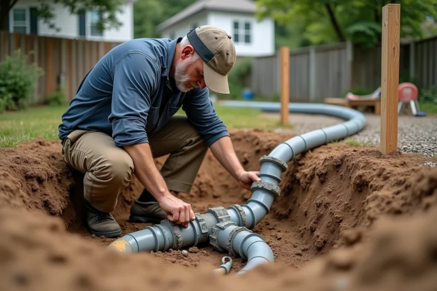 Installateur de fosse septique positionne les tuyaux et raccords PVC dans une fosse fraîchement creusée dans un jardin résidentiel