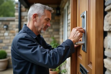 Serrurier professionnel installant une serrure haute sécurité sur une porte d'entrée en chêne massif d'une maison contemporaine