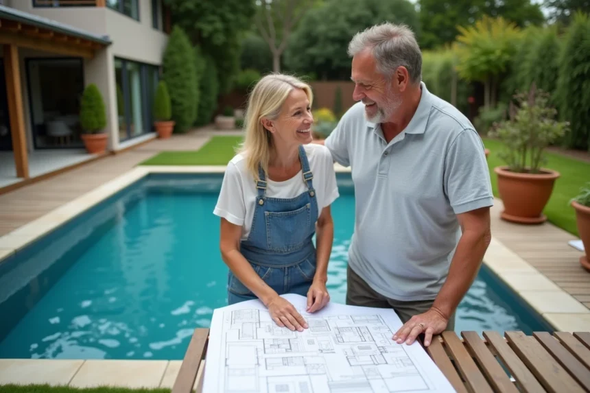 Un couple examine les plans de leur piscine dans un jardin résidentiel bien aménagé