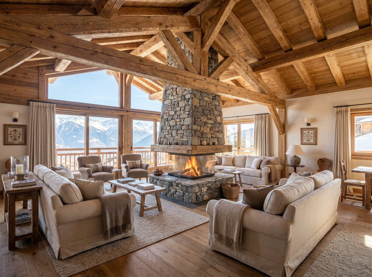 Vue intérieure complète chalet alpin luxe, cheminée centrale double-face, architecture bois massive, décoration fine et intemporelle