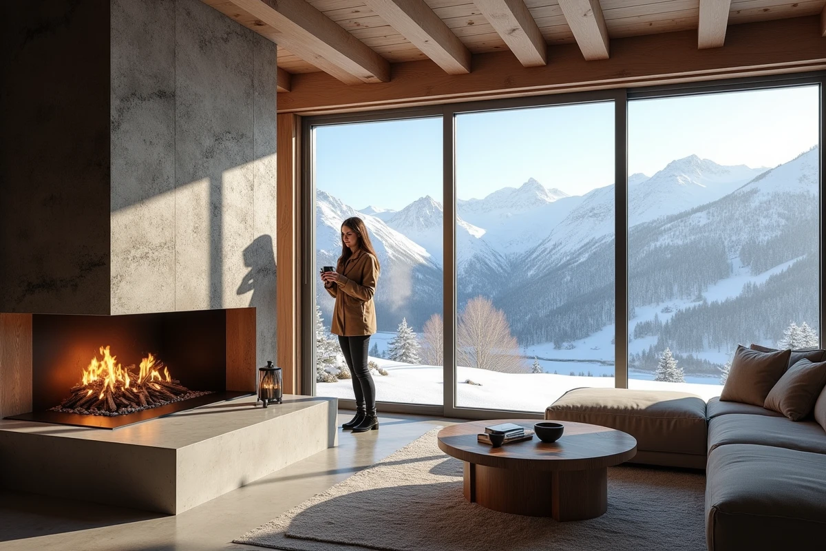 Intérieur chalet luxe montagne avec cheminée et vue panoramique sur sommets enneigés, femme raffinée profitant du confort