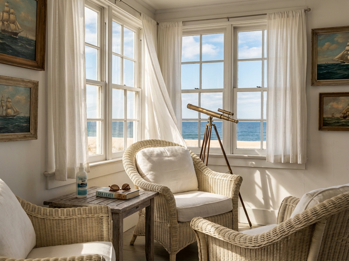 Intérieur cosy d'une maison côtière à Saint-Malo avec vue sur la plage, mobilier en rotin blanc et grandes fenêtres donnant sur l'océan