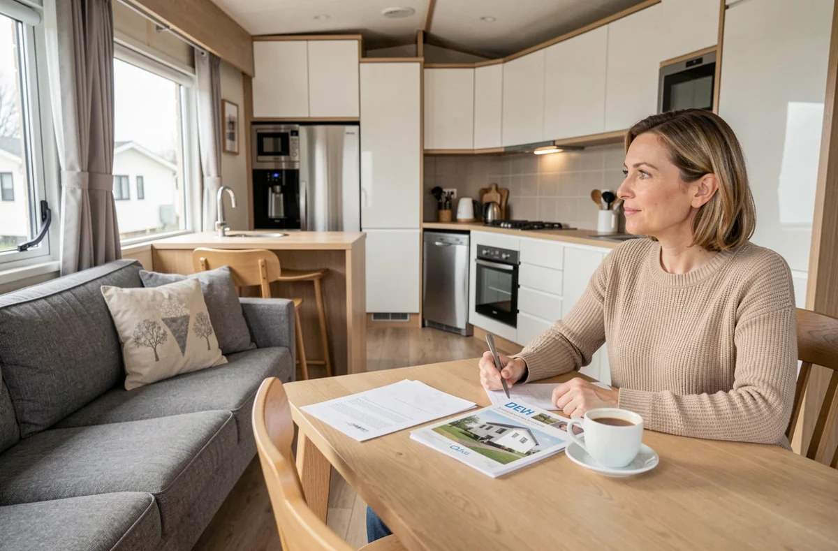 Intérieur moderne d'un mobil-home haut de gamme fabriqué en France, cuisine équipée et salon cosy avec mobilier contemporain